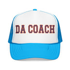Da Coach embroidered foam trucker hat in white and light blue, front view