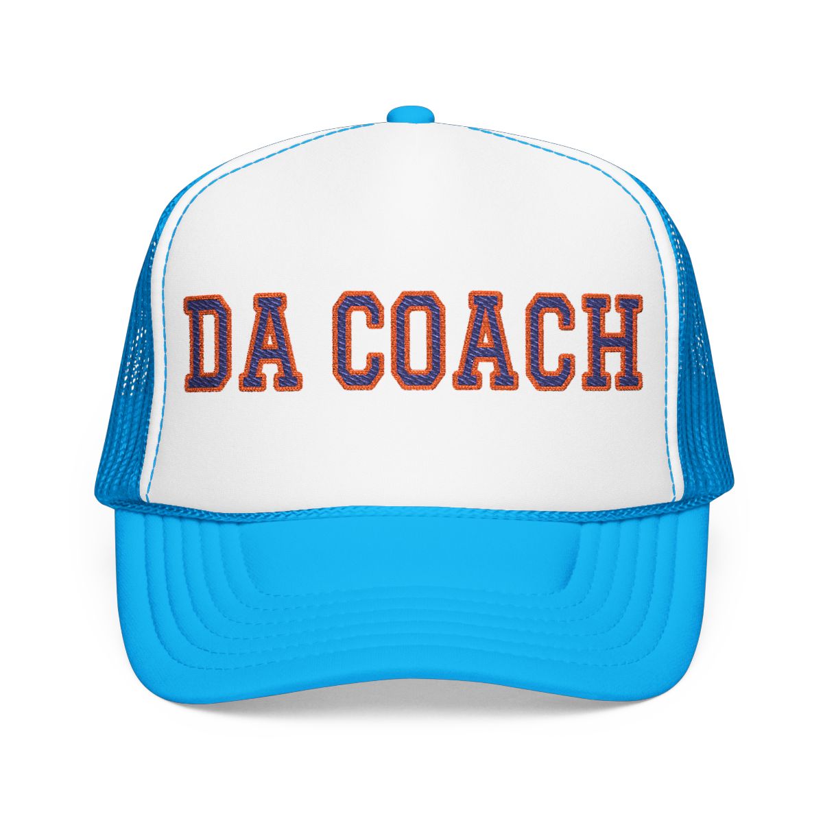 Da Coach embroidered foam trucker hat in white and light blue, front view