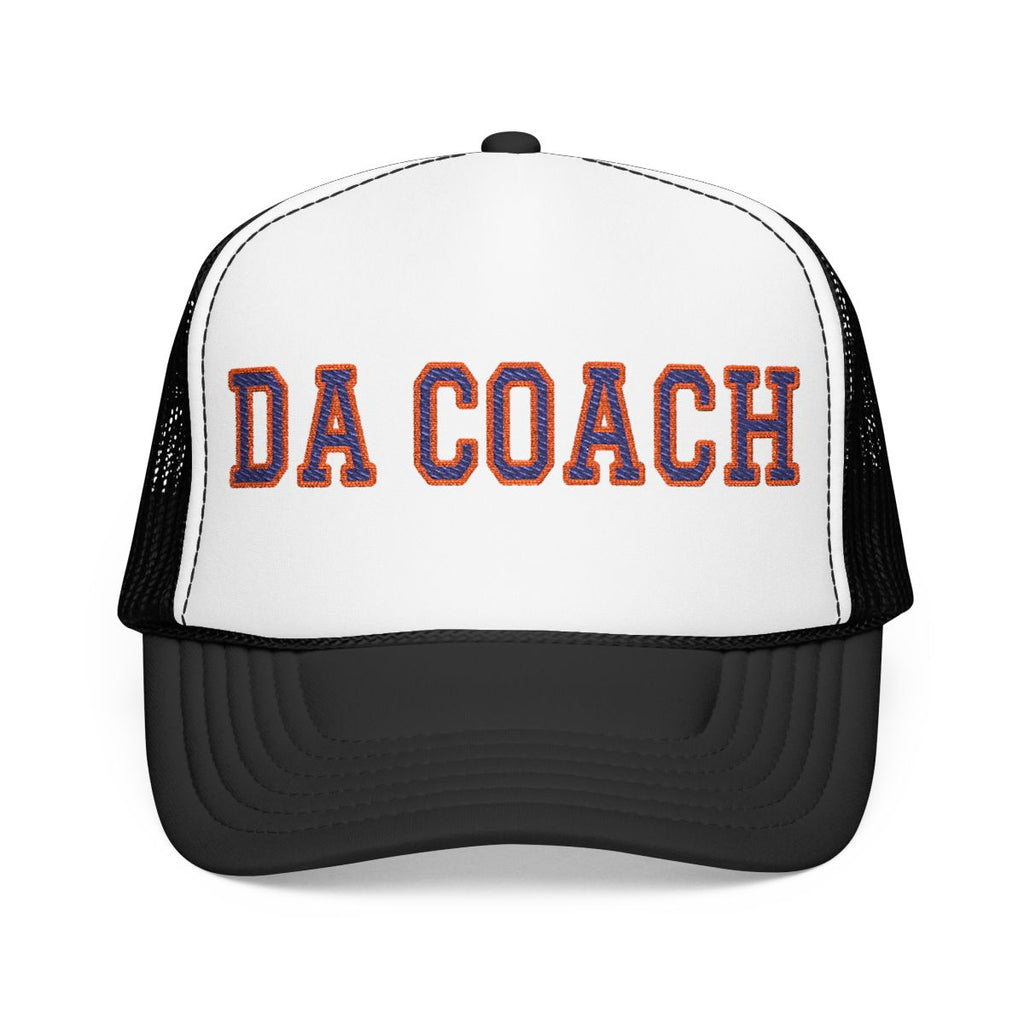 Da Coach embroidered foam trucker hat in white and black, front view