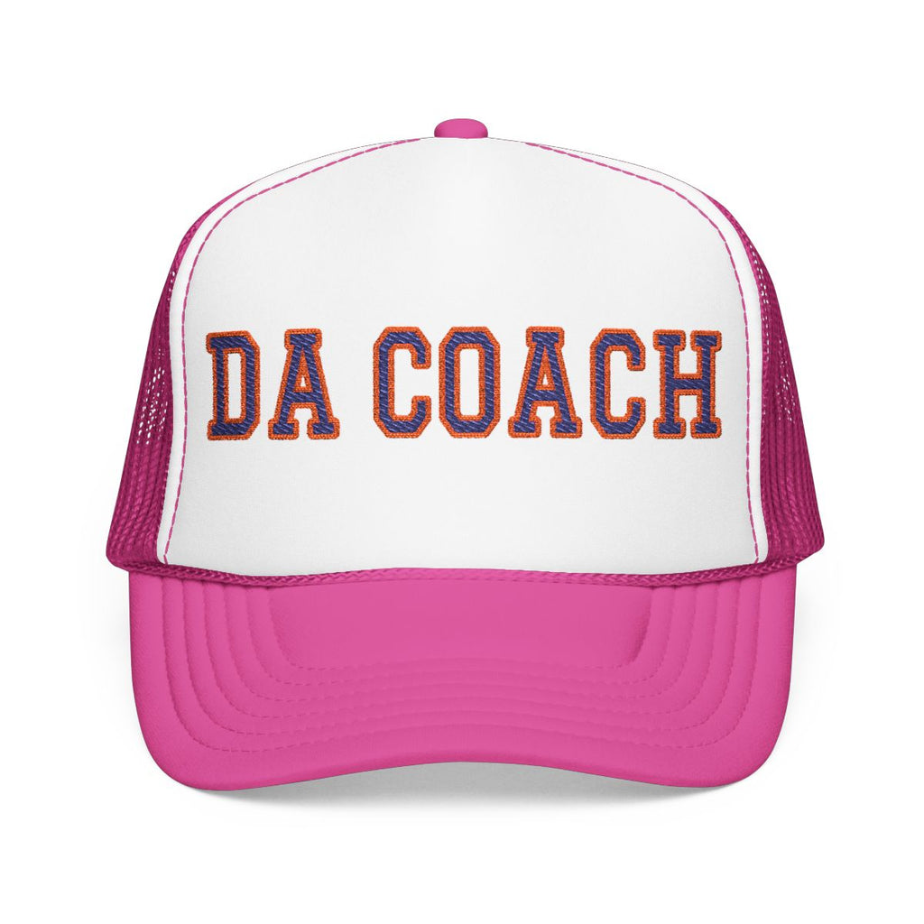 Da Coach embroidered foam trucker hat in white and pink, front view