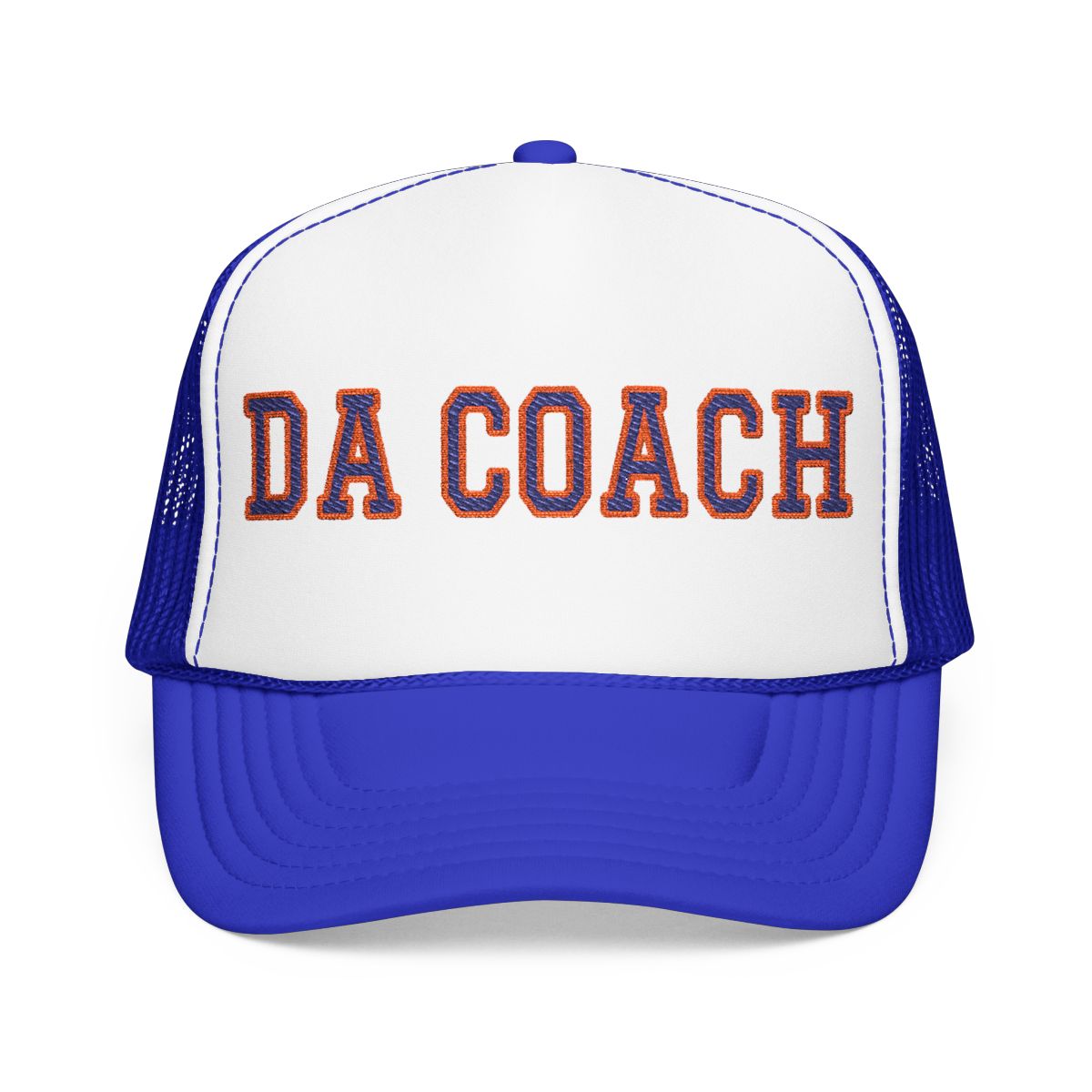 Da Coach embroidered foam trucker hat in white and royal blue, front view
