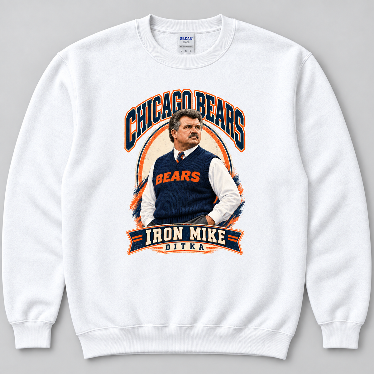 Mike Ditka Iron Mike crewneck sweatshirt in white, front view