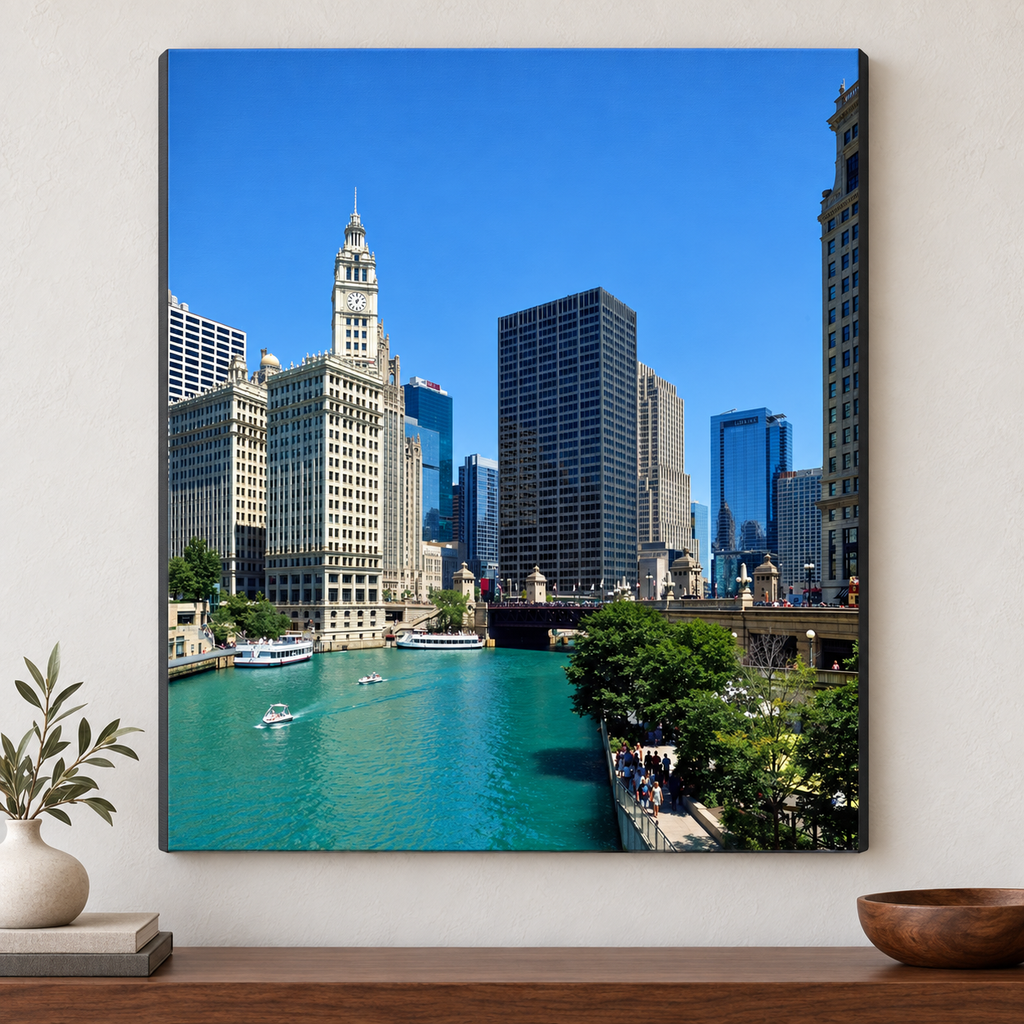 Wrigley Building Canvas Wall Art | Chicago River — hanging above a walnut console on a warm white wall