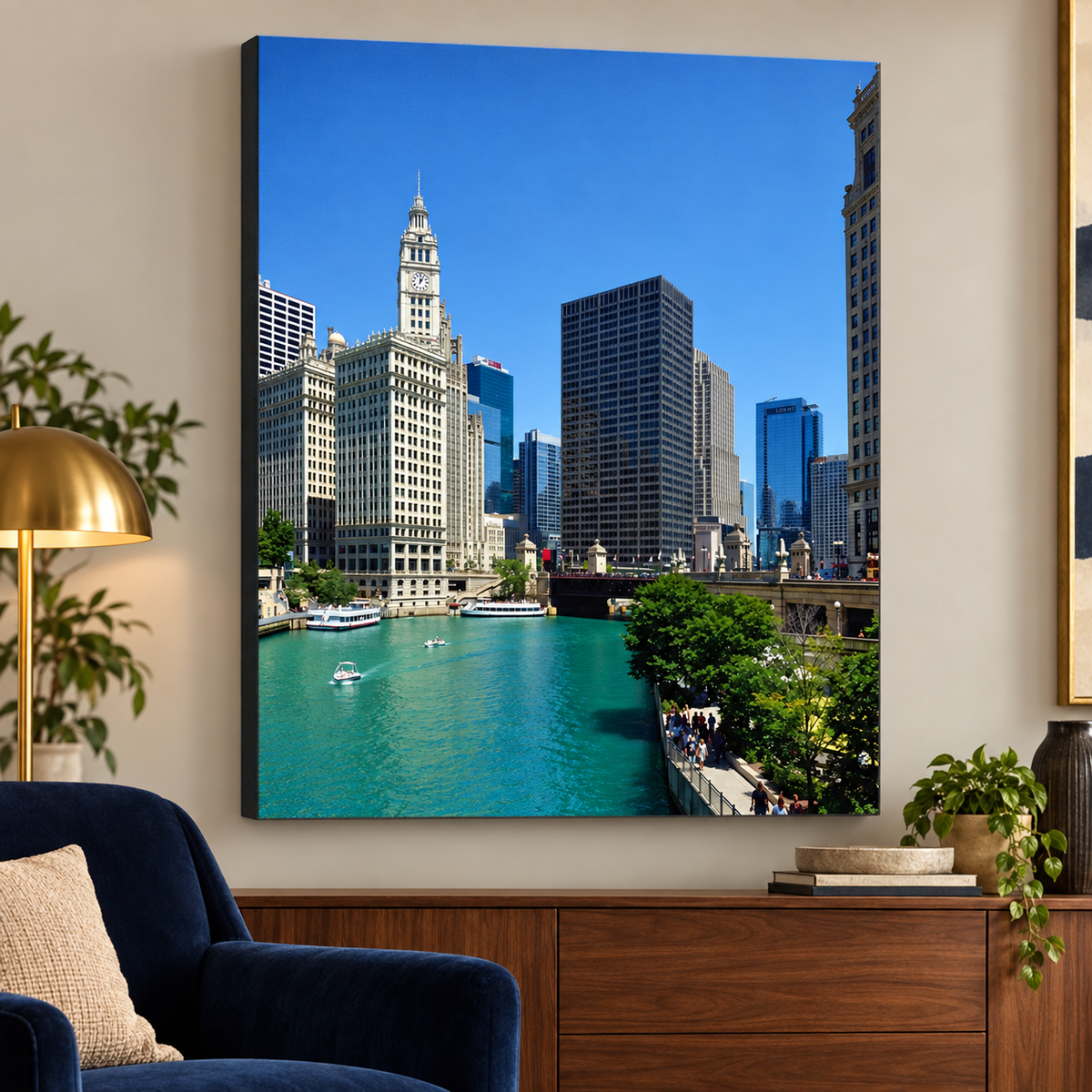 Wrigley Building Canvas Wall Art | Chicago River — in a sunlit living room above a walnut sideboard