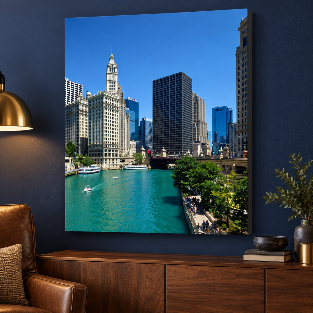 Wrigley Building Canvas Wall Art | Chicago River — in a living room with a navy accent wall and leather chair