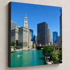 Wrigley Building Canvas Wall Art | Chicago River — angled view showing the gallery-wrapped edge