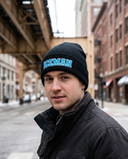 Iceman embroidered beanie worn on a Chicago street in winter