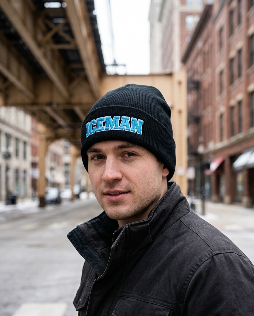 Iceman embroidered beanie worn on a Chicago street in winter