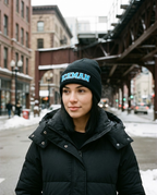 Iceman embroidered beanie worn on a Chicago street in winter