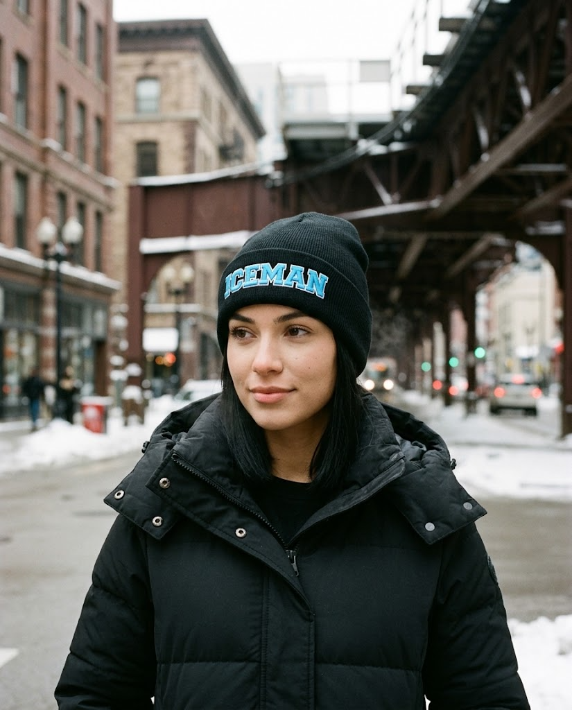 Iceman embroidered beanie worn on a Chicago street in winter
