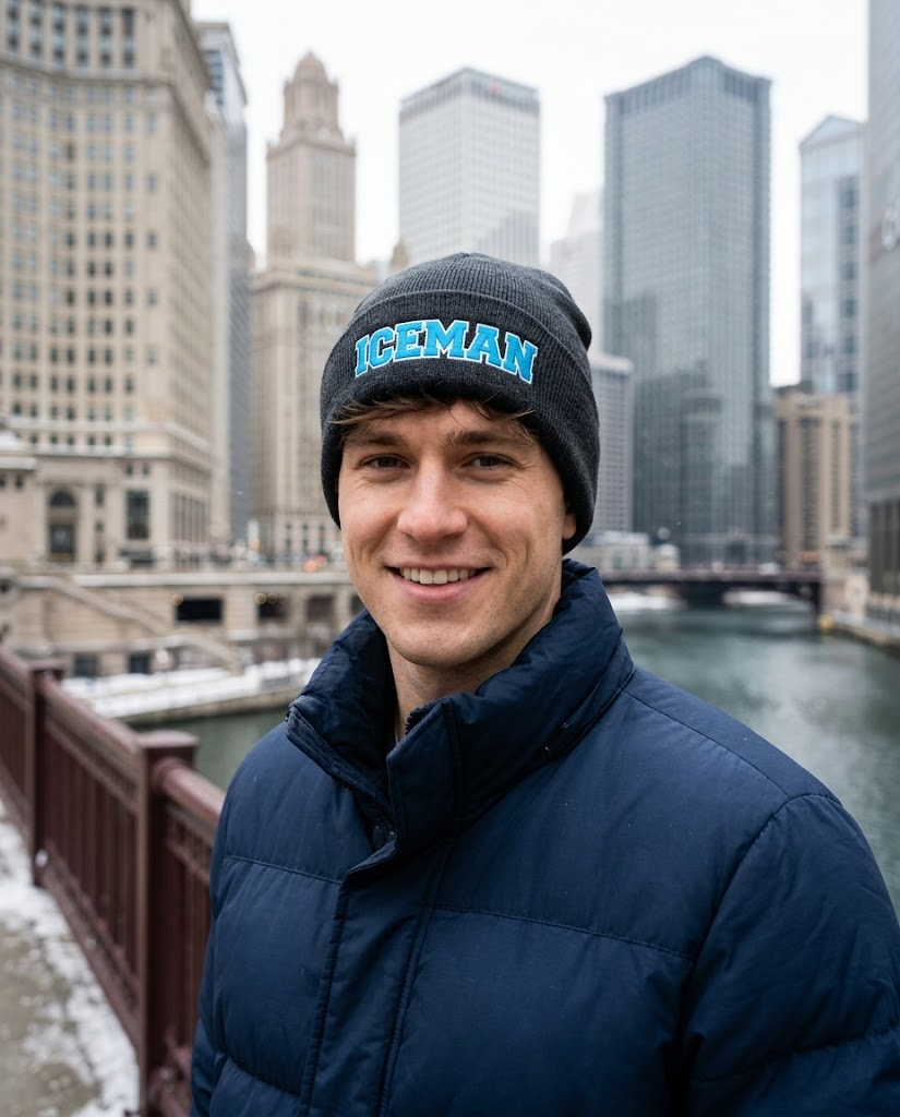 Iceman embroidered beanie worn in Chicago in winter