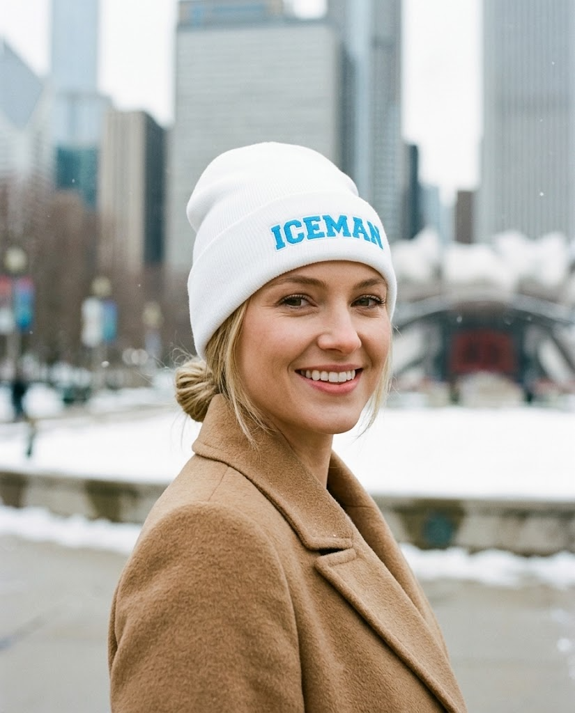 Iceman embroidered beanie worn in Chicago in winter
