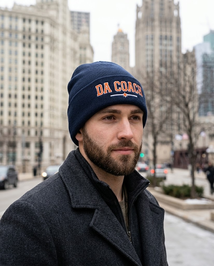 Da Coach embroidered beanie worn in downtown Chicago in winter