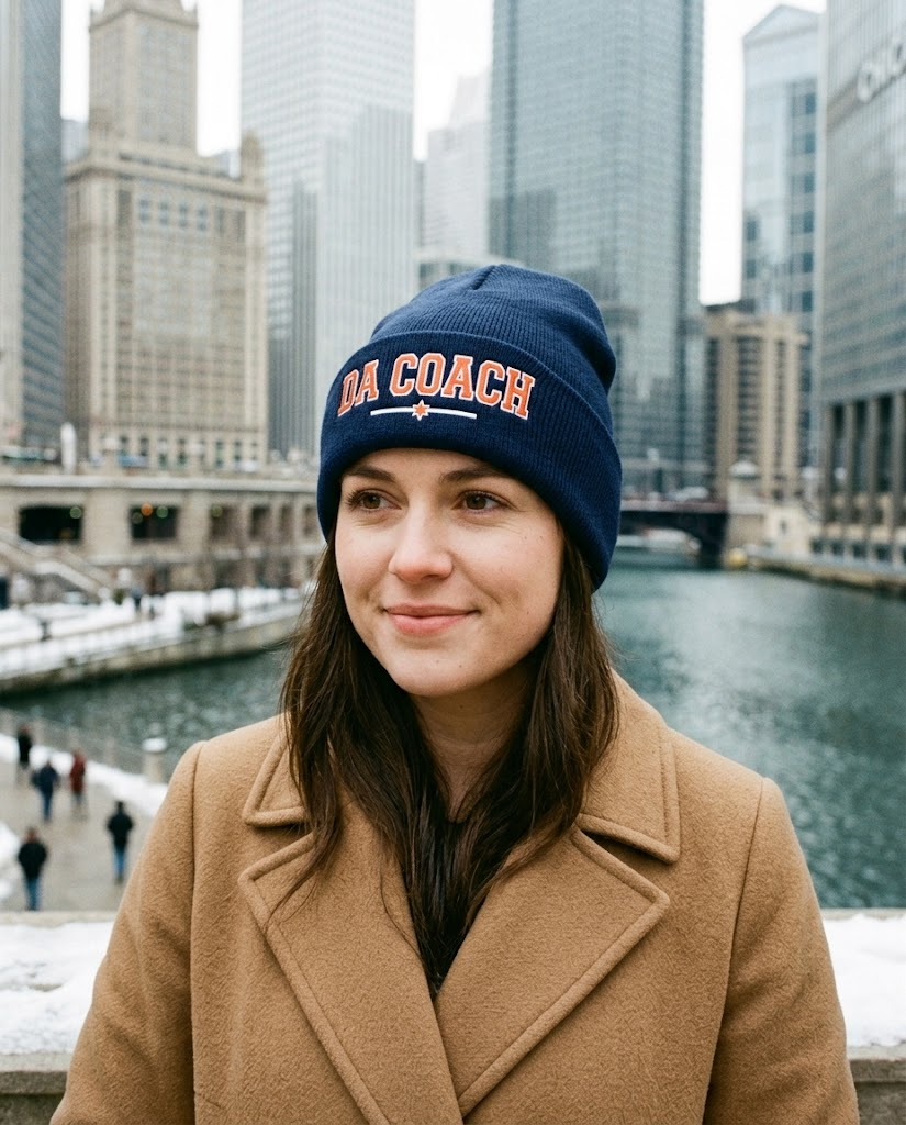 Da Coach embroidered beanie worn in downtown Chicago in winter