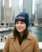 Da Coach embroidered beanie worn in downtown Chicago in winter