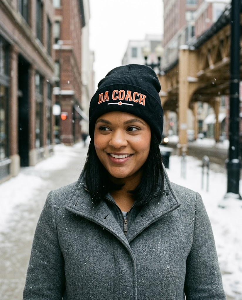 Da Coach embroidered beanie worn in Chicago in winter