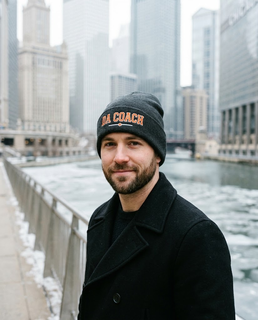 Da Coach embroidered beanie worn in Chicago in winter