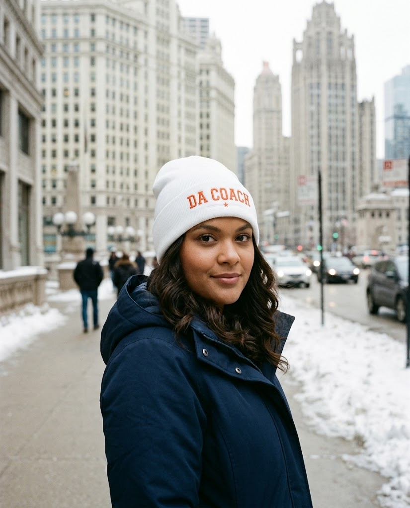 Da Coach embroidered beanie worn in Chicago in winter