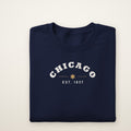 Chicago Est. 1837 youth crewneck in Navy, flat lay showing the arched CHICAGO and city star print