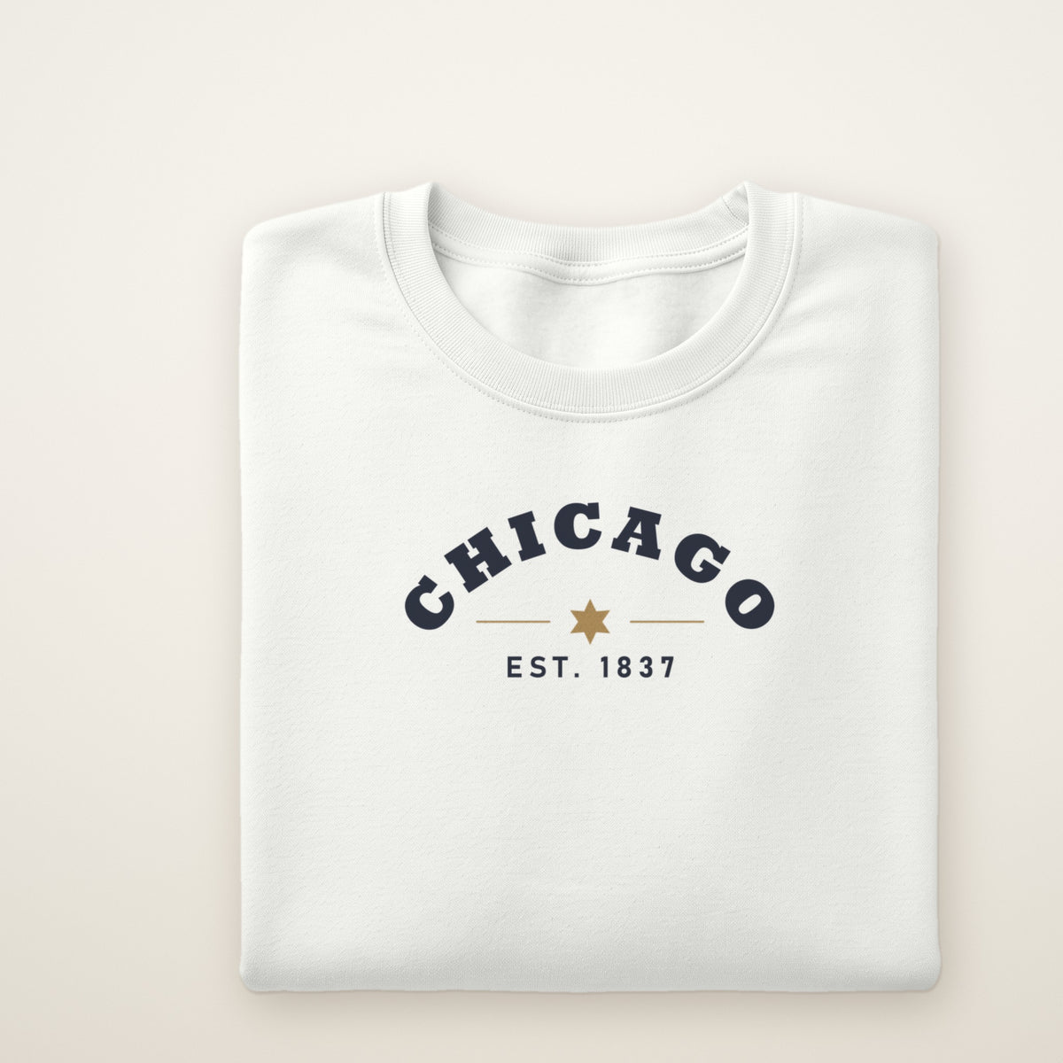Chicago Est. 1837 youth crewneck in White, flat lay with navy arched CHICAGO and gold star