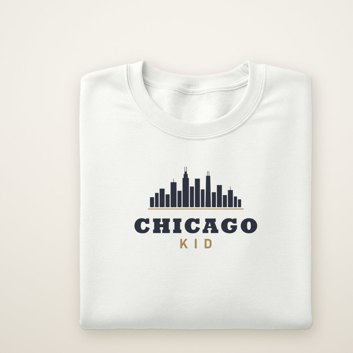 Chicago Kid skyline youth crewneck in White, flat lay with skyline over CHICAGO and gold KID