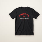 Chicago Basketball Jr. Varsity youth tee in Black, flat lay with red arched CHICAGO and basketball