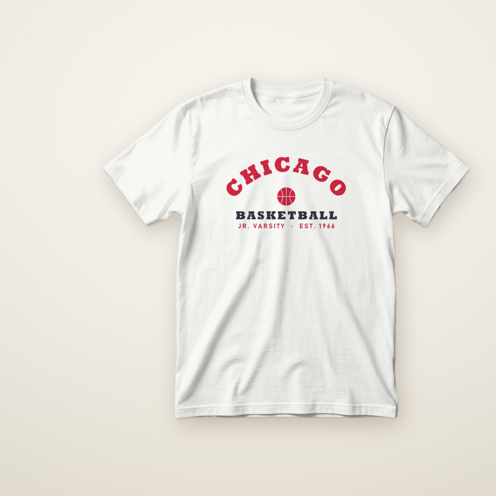 Chicago Basketball Jr. Varsity youth tee in White, flat lay with red arched CHICAGO and basketball