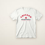 Chicago Basketball Jr. Varsity youth tee in White, flat lay with red arched CHICAGO and basketball