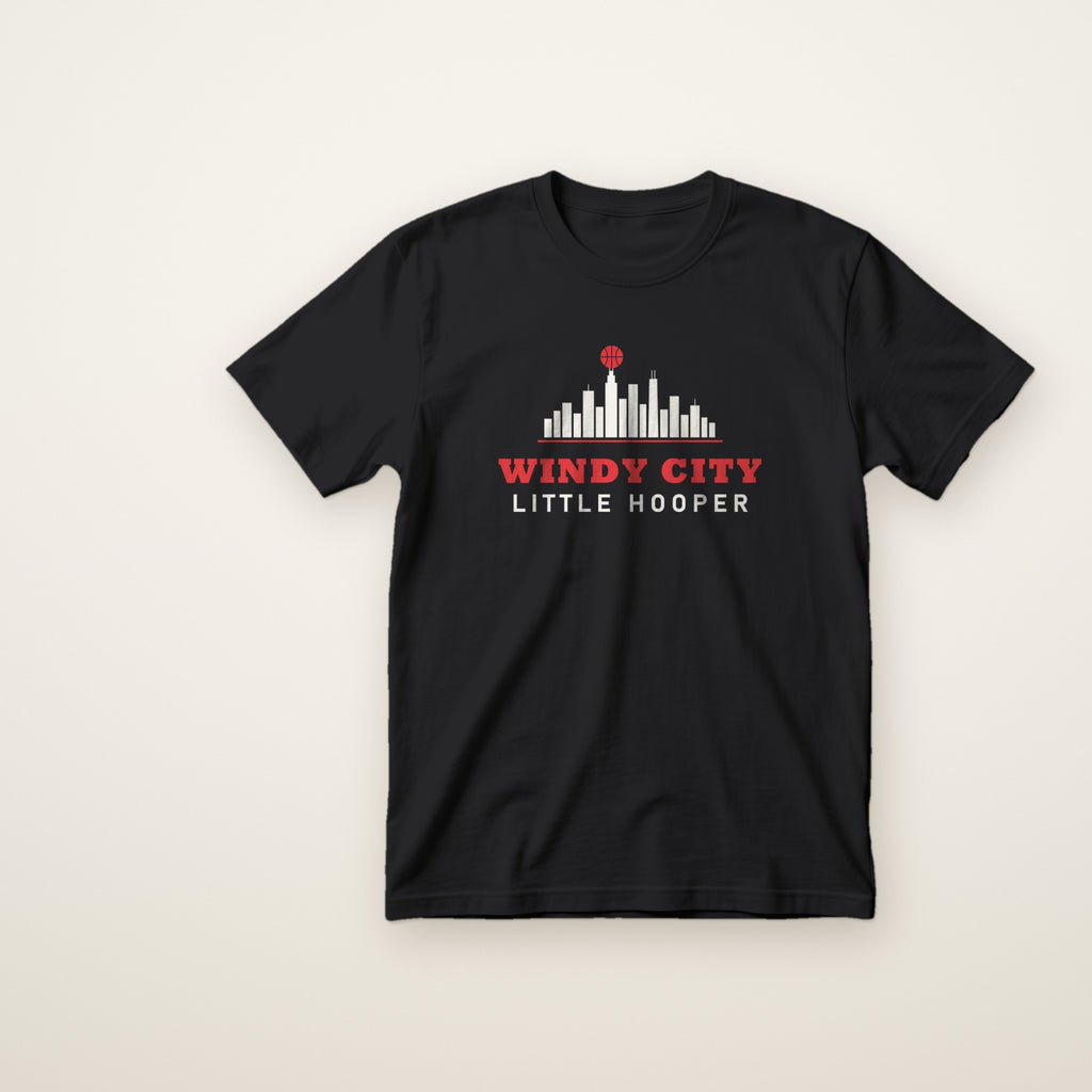 Windy City Little Hooper youth tee in Black, flat lay with skyline and basketball print