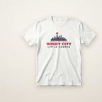 Windy City Little Hooper youth tee in White, flat lay with skyline and red WINDY CITY