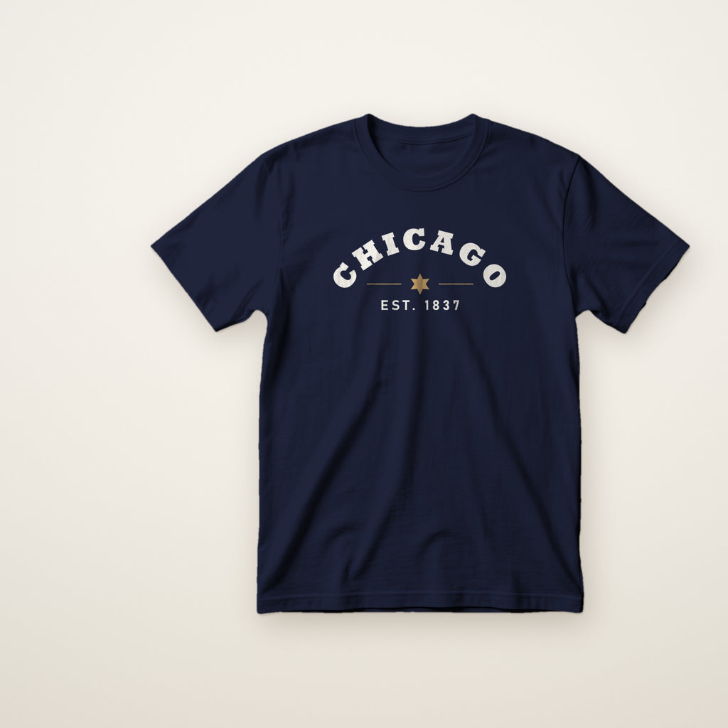 Chicago Est. 1837 toddler tee in Navy, flat lay with white arched CHICAGO print
