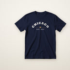 Chicago Est. 1837 toddler tee in Navy, flat lay with white arched CHICAGO print