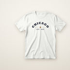Chicago Est. 1837 toddler tee in White, flat lay with navy arched CHICAGO print