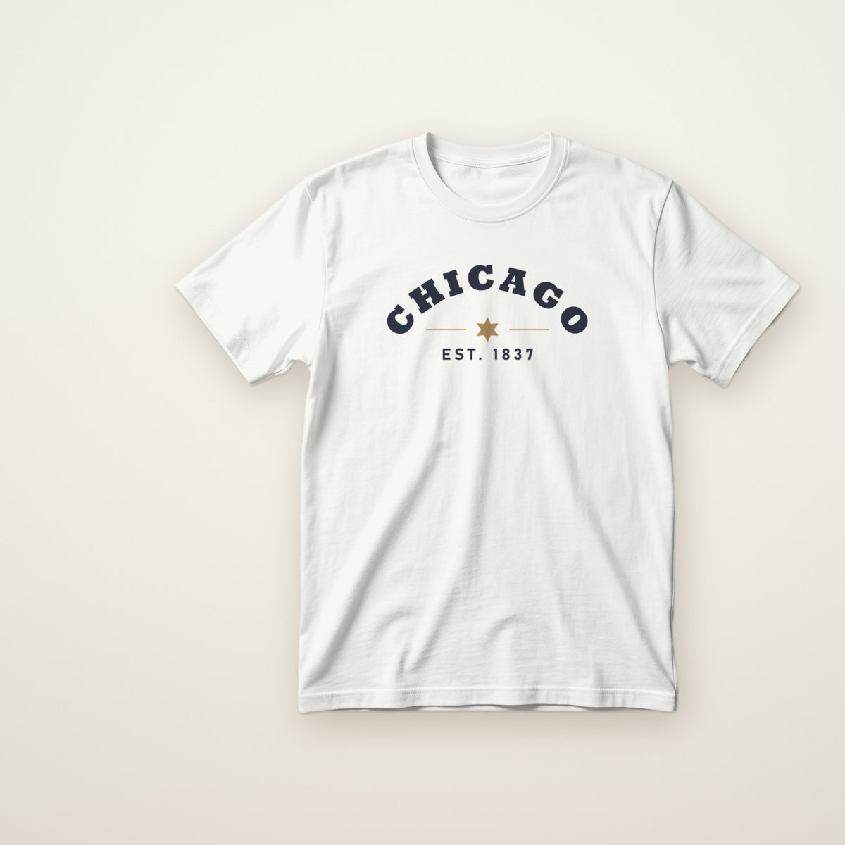 Chicago Est. 1837 toddler tee in White, flat lay with navy arched CHICAGO print