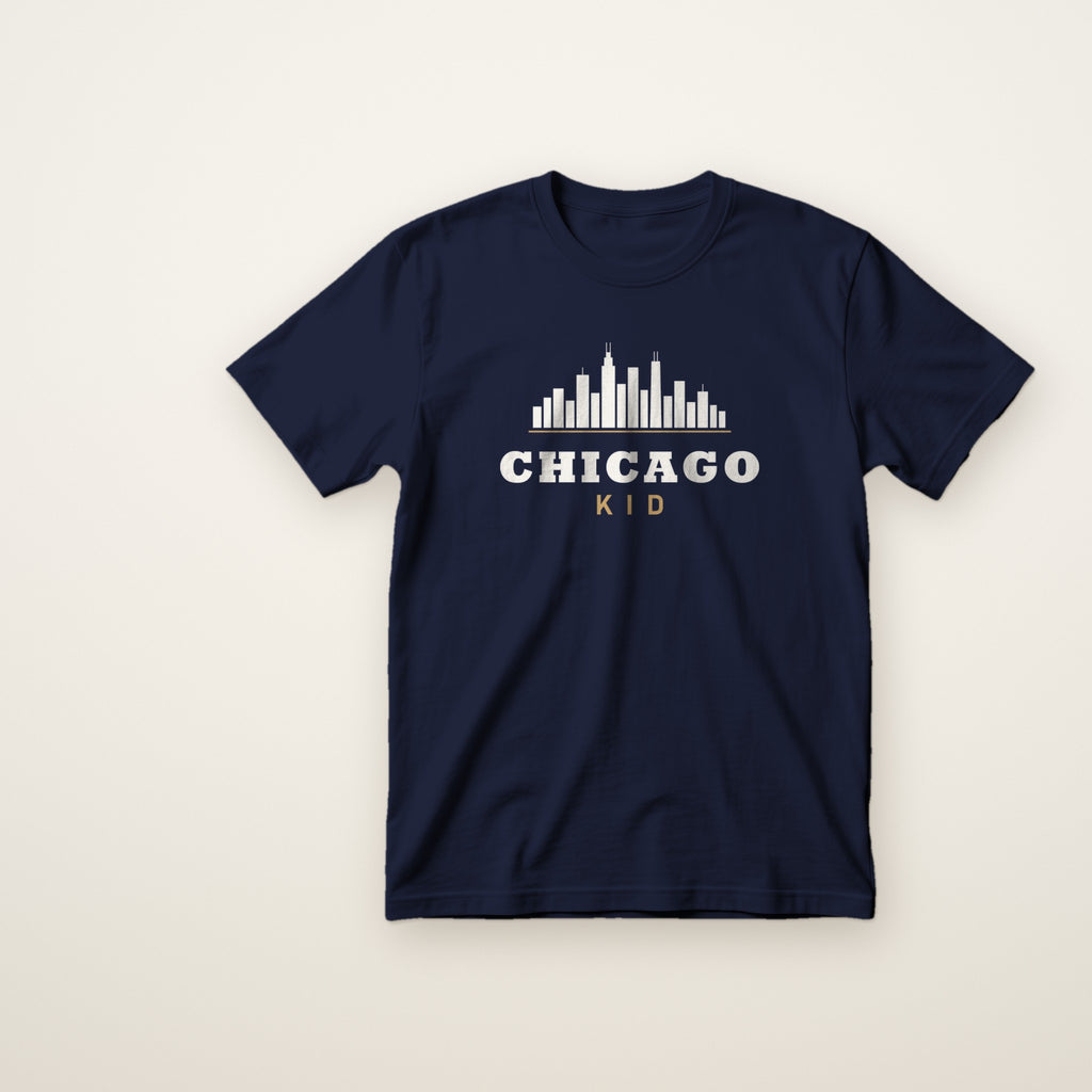 Chicago Kid skyline toddler tee in Navy, flat lay with white skyline over CHICAGO