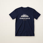 Chicago Kid skyline toddler tee in Navy, flat lay with white skyline over CHICAGO