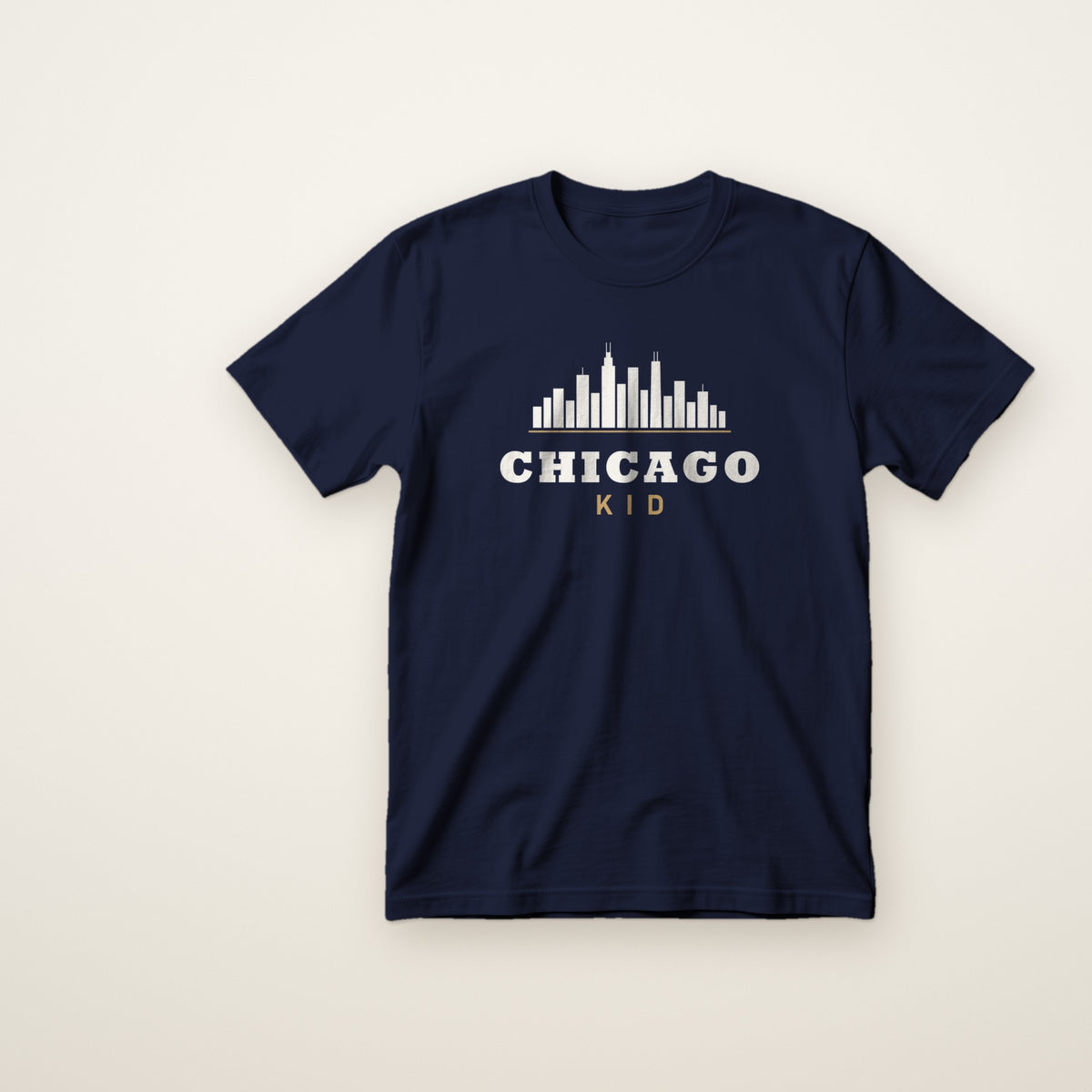 Chicago Kid skyline toddler tee in Navy, flat lay with white skyline over CHICAGO