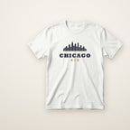 Chicago Kid skyline toddler tee in White, flat lay with navy skyline and gold KID