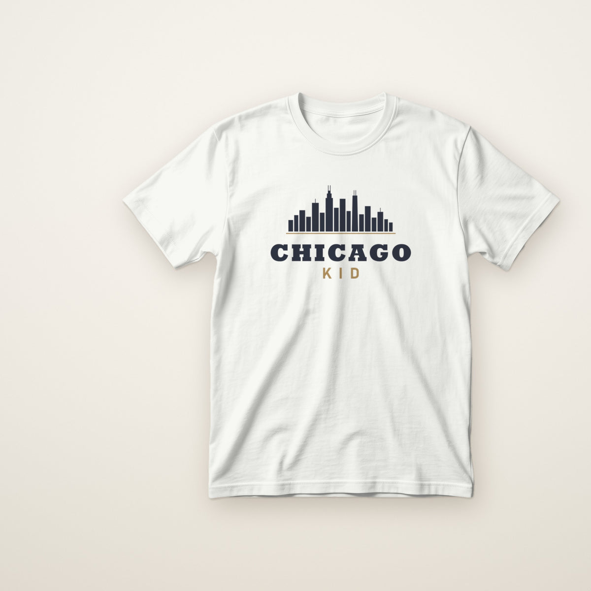 Chicago Kid skyline toddler tee in White, flat lay with navy skyline and gold KID