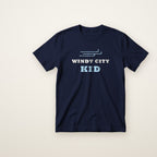 Windy City Kid toddler tee in Navy, flat lay with light blue WINDY CITY KID print