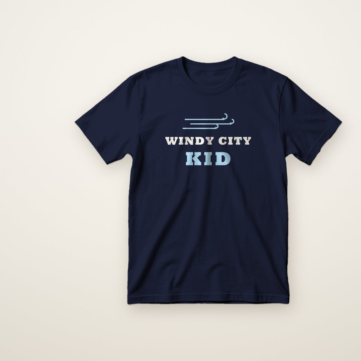 Windy City Kid toddler tee in Navy, flat lay with light blue WINDY CITY KID print