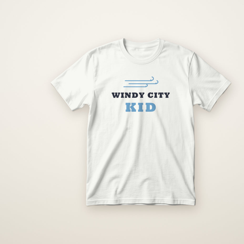 Windy City Kid toddler tee in White, flat lay with blue wind lines over WINDY CITY KID