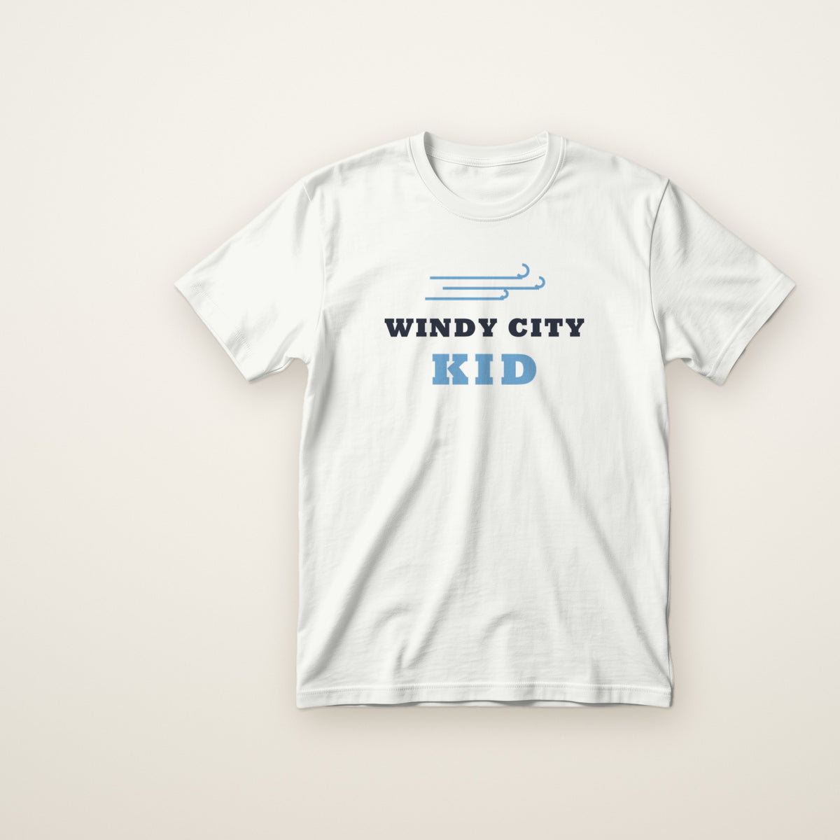 Windy City Kid toddler tee in White, flat lay with blue wind lines over WINDY CITY KID