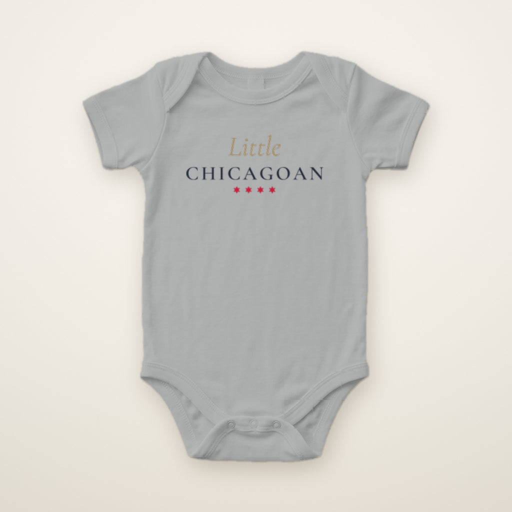 Little Chicagoan baby bodysuit in Heather, flat lay with gold script and four red stars