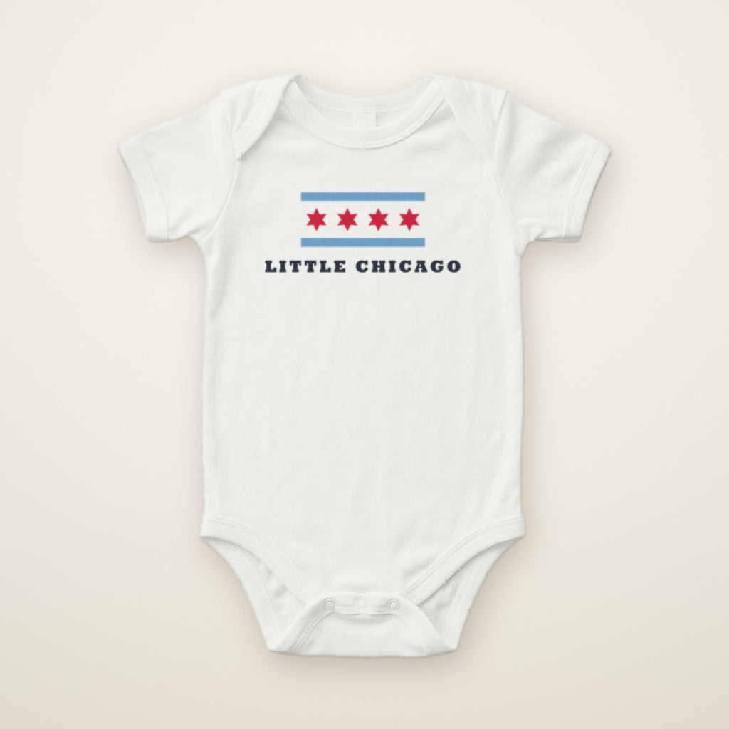Little Chicago Four Star baby bodysuit in White, flat lay with blue bars and four red stars