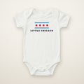 Little Chicago Four Star baby bodysuit in White, flat lay with blue bars and four red stars