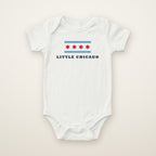 Little Chicago Four Star baby bodysuit in White, flat lay with blue bars and four red stars