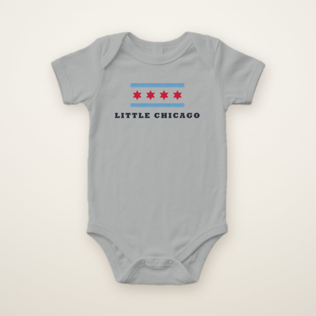Little Chicago Four Star baby bodysuit in Heather, flat lay with Chicago flag stars print