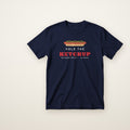 Hold the Ketchup toddler tee in Navy, flat lay with Chicago-style hot dog print