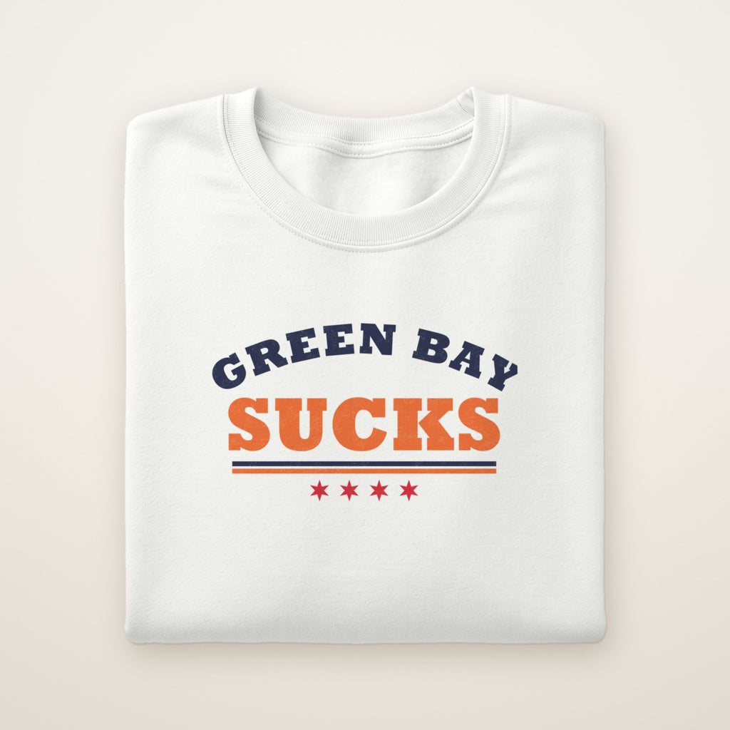 Green Bay Sucks Varsity crewneck in White, flat lay with navy and orange varsity lettering